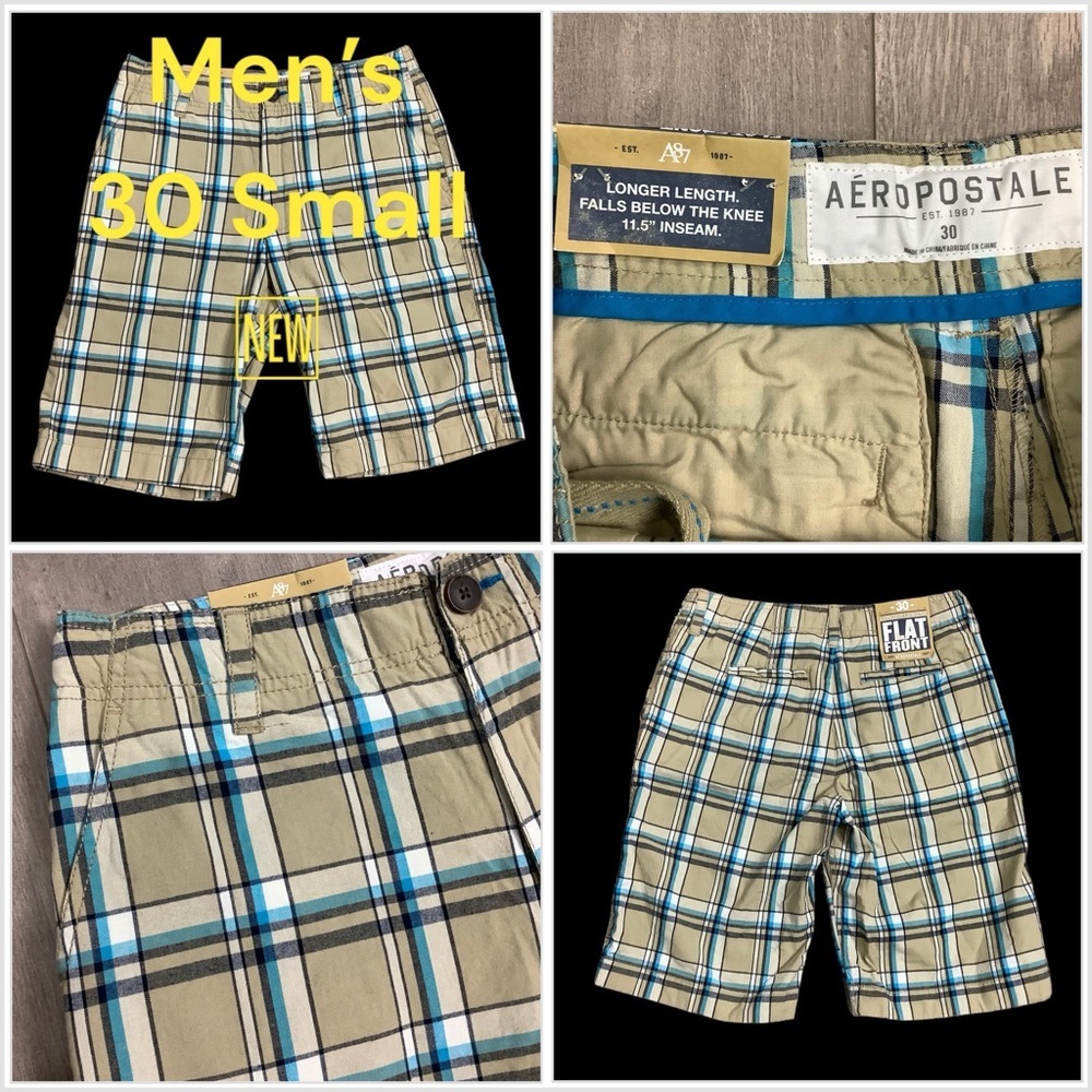 Men’s AEROPOSTALE 30 Small Shorts Chino Khakis Longer Length Plaid Khaki NWT